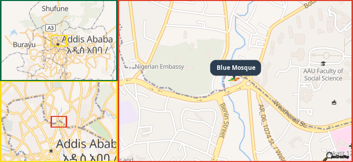 Map showing the address of Blue Mosque in three different zoom levels.