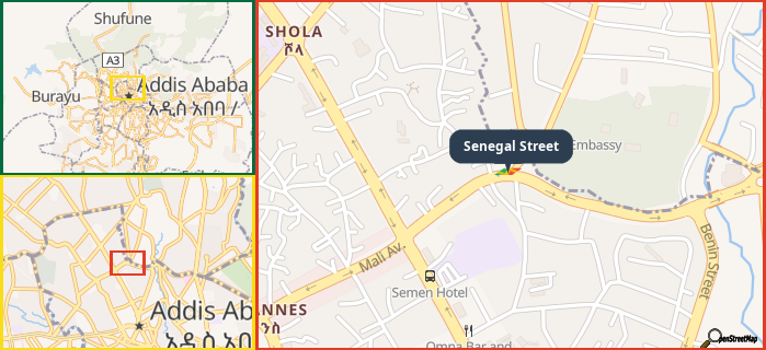 Map showing the address of Senegal Street in three different zoom levels.