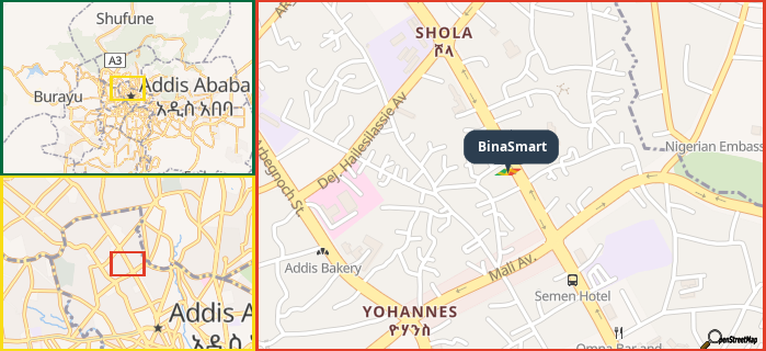 Map showing the address of BinaSmart in three different zoom levels.