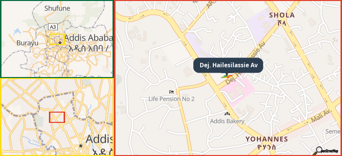 Map showing the address of Dej. Hailesilassie Av in three different zoom levels.