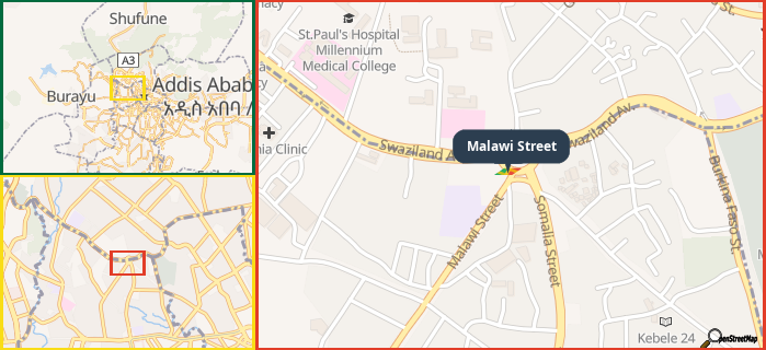 Map showing the address of Malawi Street in three different zoom levels.