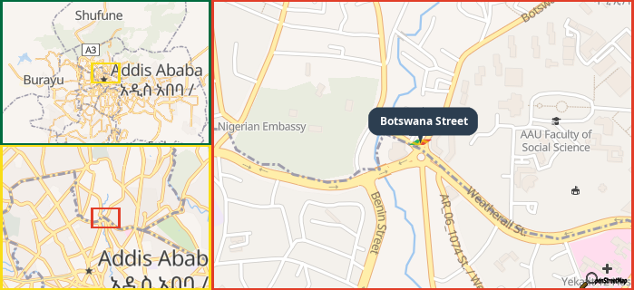 Map showing the address of Botswana Street in three different zoom levels.