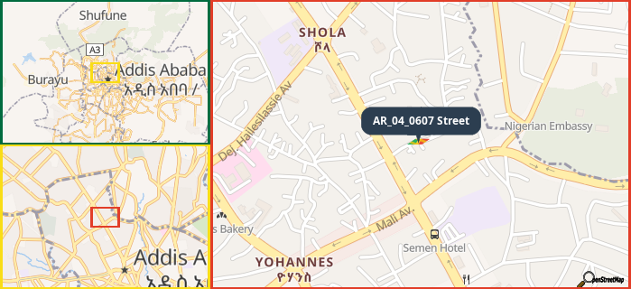 Map showing the address of AR_04_0607 Street in three different zoom levels.