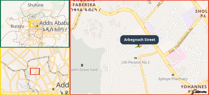 Map showing the address of Arbegnoch Street in three different zoom levels.
