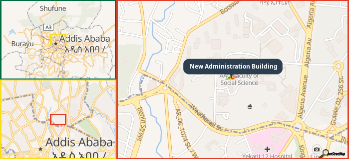 Map showing the address of New Administration Building in three different zoom levels.