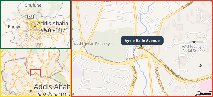 Map showing the address of Ayele Haile Avenue in three different zoom levels.
