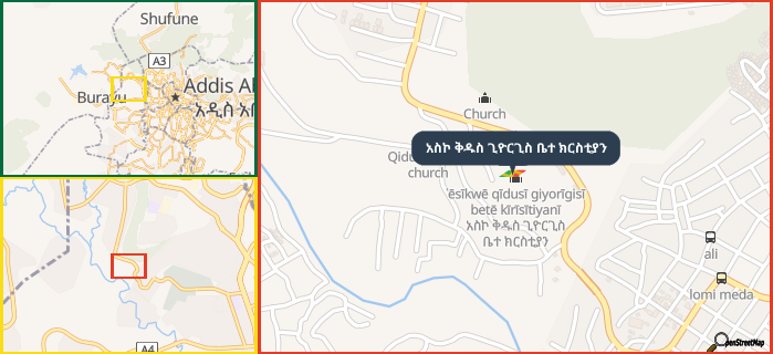 Map showing the address of አስኮ ቅዱስ ጊዮርጊስ ቤተ ክርስቲያን in three different zoom levels.