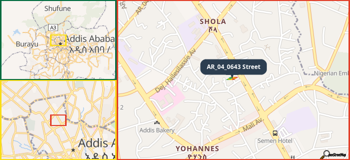 Map showing the address of AR_04_0643 Street in three different zoom levels.