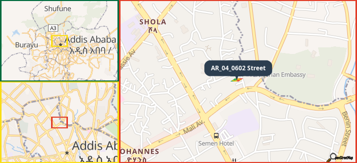 Map showing the address of AR_04_0602 Street in three different zoom levels.