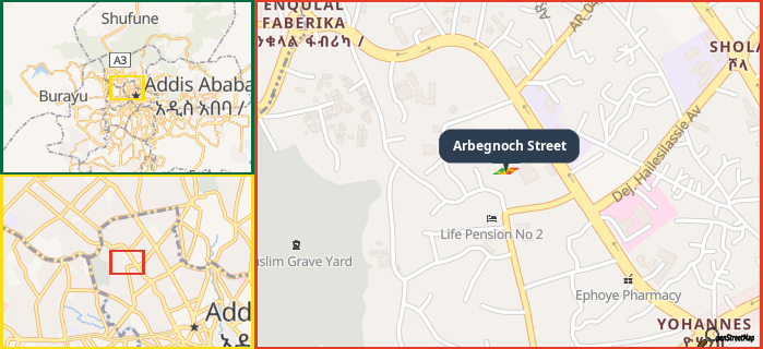 Map showing the address of Arbegnoch Street in three different zoom levels.