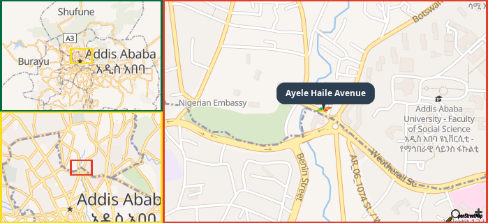 Map showing the address of Ayele Haile Avenue in three different zoom levels.