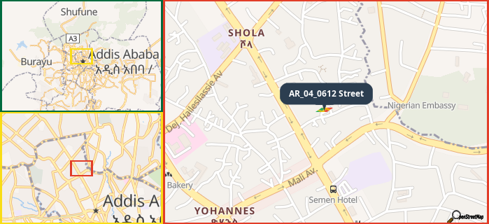 Map showing the address of AR_04_0612 Street in three different zoom levels.