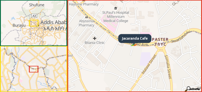 Map showing the address of Jacaranda Cafe in three different zoom levels.