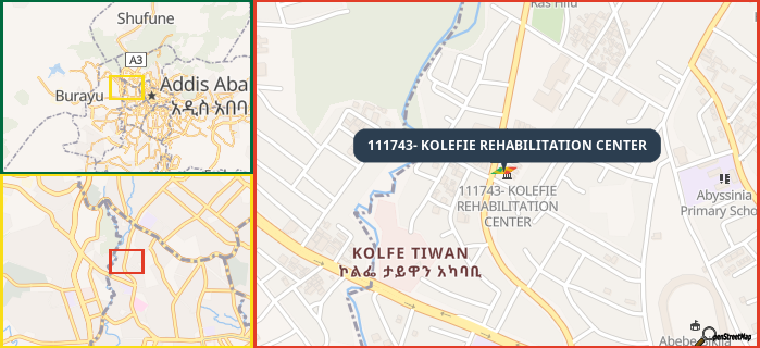 Map showing the address of 111743- KOLEFIE REHABILITATION CENTER in three different zoom levels.