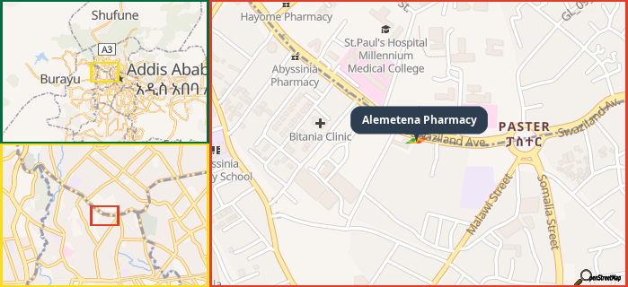 Map showing the address of Alemetena Pharmacy in three different zoom levels.