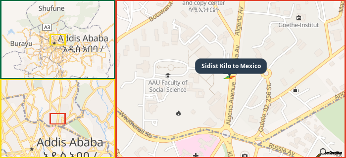 Map showing the address of Sidist Kilo to Mexico in three different zoom levels.