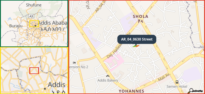 Map showing the address of AR_04_0630 Street in three different zoom levels.