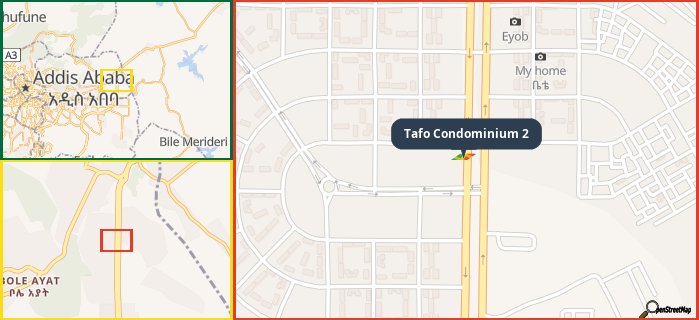 Map showing the address of Tafo Condominium 2 in three different zoom levels.