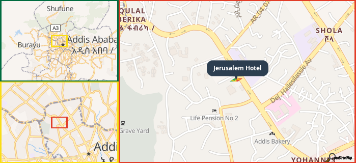 Map showing the address of Jerusalem Hotel in three different zoom levels.