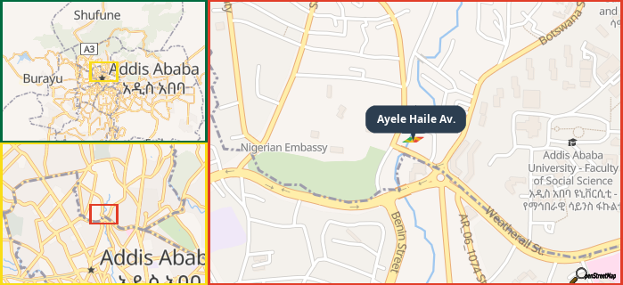 Map showing the address of Ayele Haile Av. in three different zoom levels.