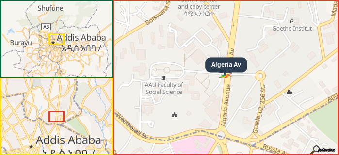 Map showing the address of Algeria Av in three different zoom levels.