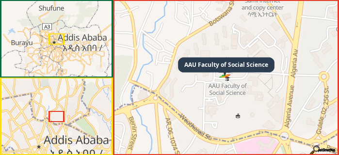 Map showing the address of AAU Faculty of Social Science in three different zoom levels.
