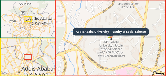 Map showing the address of Addis Ababa University - Faculty of Social Science in three different zoom levels.