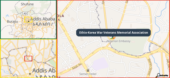 Map showing the address of Ethio-Korea War Veterans Memorial Association in three different zoom levels.