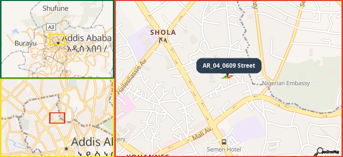 Map showing the address of AR_04_0609 Street in three different zoom levels.