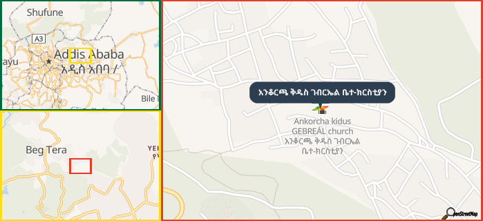 Map showing the address of አንቆርጫ ቅዱስ ገብርኤል ቤተ-ክርስቲያን in three different zoom levels.
