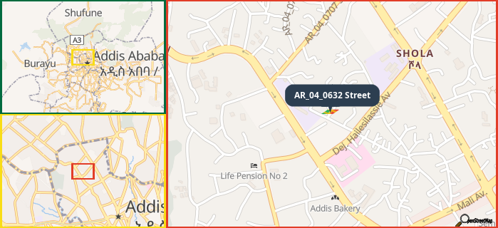 Map showing the address of AR_04_0632 Street in three different zoom levels.