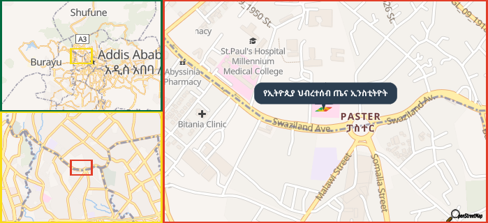 Map showing the address of የኢትዮጲያ ህብረተሰብ ጤና ኢንስቲትዮት in three different zoom levels.