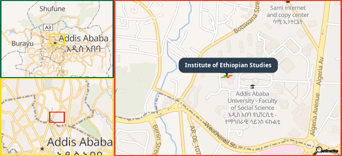 Map showing the address of Institute of Ethiopian Studies in three different zoom levels.