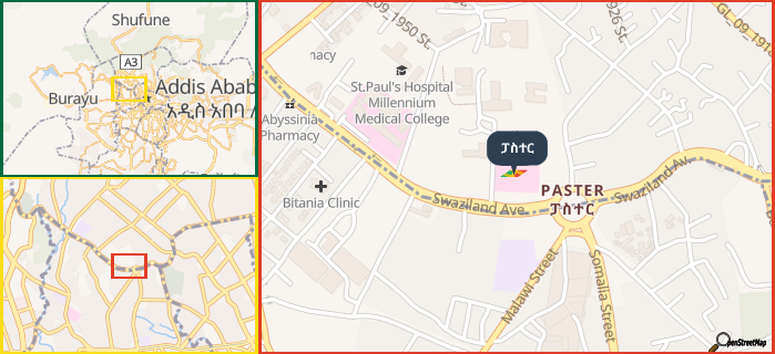 Map showing the address of ፓስተር in three different zoom levels.