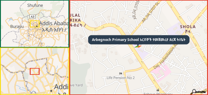 Map showing the address of Arbegnoch Primary School አርበኞች የመጀመሪያ ደረጃ ት/ቤት in three different zoom levels.