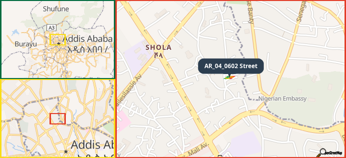 Map showing the address of AR_04_0602 Street in three different zoom levels.