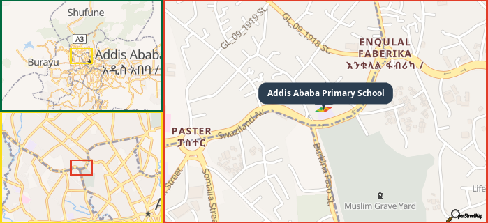 Map showing the address of Addis Ababa Primary School in three different zoom levels.