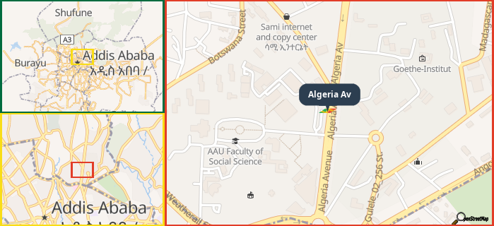 Map showing the address of Algeria Av in three different zoom levels.