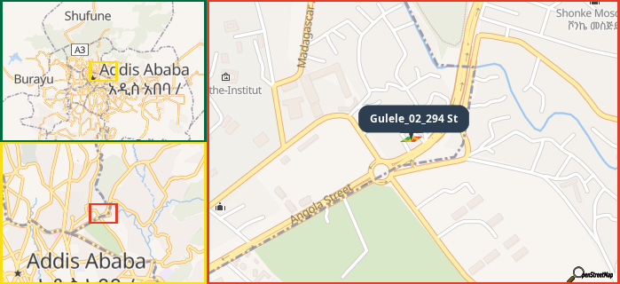 Map showing the address of Gulele_02_294 St in three different zoom levels.