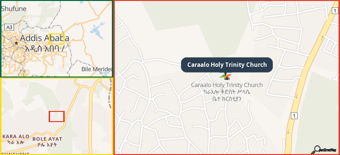 Map showing the address of Caraalo Holy Trinity Church in three different zoom levels.