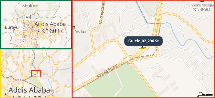 Map showing the address of Gulele_02_296 St in three different zoom levels.