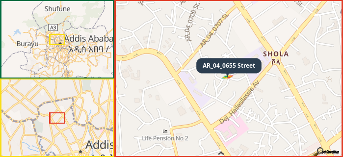 Map showing the address of AR_04_0655 Street in three different zoom levels.