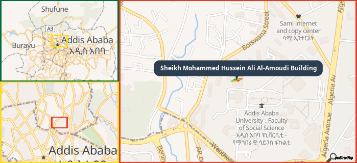 Map showing the address of Sheikh Mohammed Hussein Ali Al-Amoudi Building in three different zoom levels.