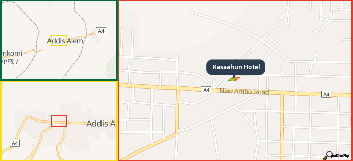 Map showing the address of Kasaahun Hotel in three different zoom levels.