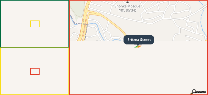 Map showing the address of Eritrea Street in three different zoom levels.