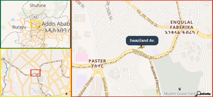 Map showing the address of Swaziland Av. in three different zoom levels.