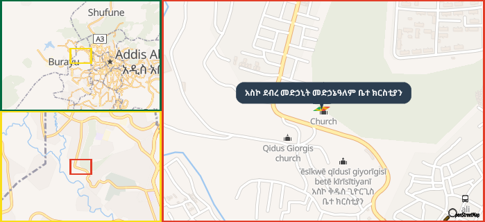 Map showing the address of አስኮ ደብረ መድኃኒት መድኃኔዓለም ቤተ ክርስቲያን in three different zoom levels.