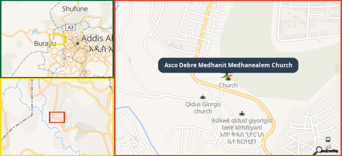 Map showing the address of Asco Debre Medhanit Medhanealem Church in three different zoom levels.