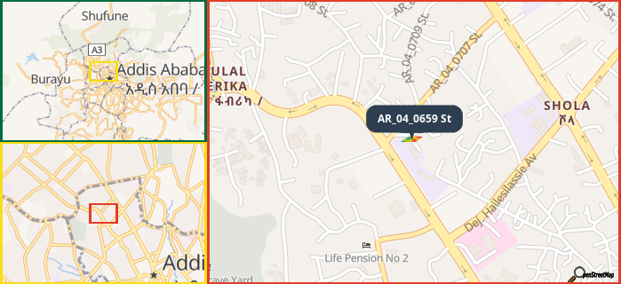 Map showing the address of AR_04_0659 St in three different zoom levels.