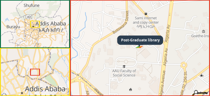 Map showing the address of Post-Graduate library in three different zoom levels.